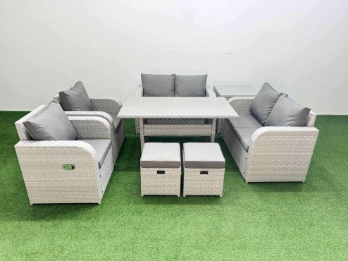 Fimous 8 Seater Outdoor Reclining Chair Love Sofa Set Rattan Garden Furniture Set with Rectangular Dining Table 2 Stools Side Table Light Grey