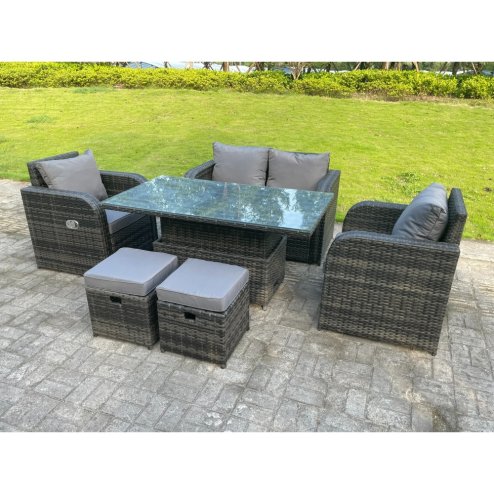 Fimous Dark Mixed Grey Rattan Outdoor Garden Furniture Lifting Adjustable Dining Or Coffee Table Sets Love Sofa Reclining Chairs Footstools 6 Seater