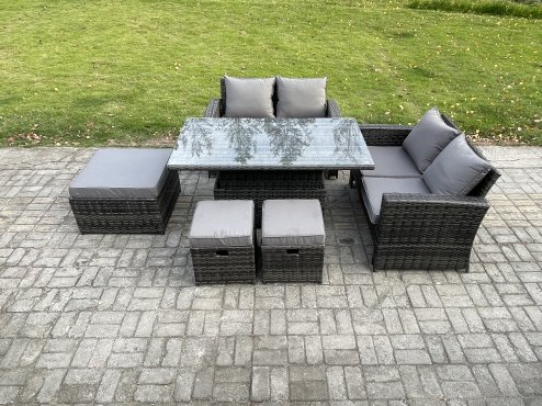 Fimous 7 Seater Wicker Rattan Garden Furniture Rising Table Set with 3 Footstool Double Seat Sofa Dark Grey Mixed