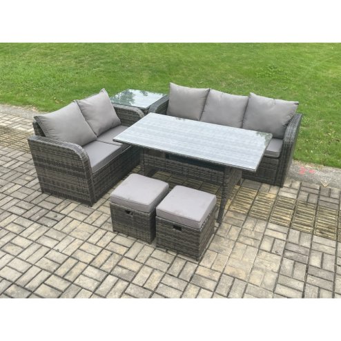 Fimous Outdoor Garden Patio Furniture Wicker Rattan Oblong Rectangular Dining Table and Lounge Sofa set with Side Table 2 Small Footstools Dark Grey Mixed