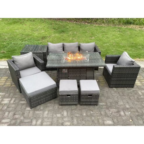 Fimous 8 Seater Wicker PE Rattan Garden Furniture Set Gas Fire Pit Dining Table Gas Heater Burner With 2 Armchairs Side Tables Footstools Dark Grey Mixed