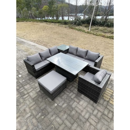Fimous 8 Seater PE Rattan Corner Sofa Set Rising Adjustable Dining Table Set High Side Coffee Table With Arm Chair Big Footstool