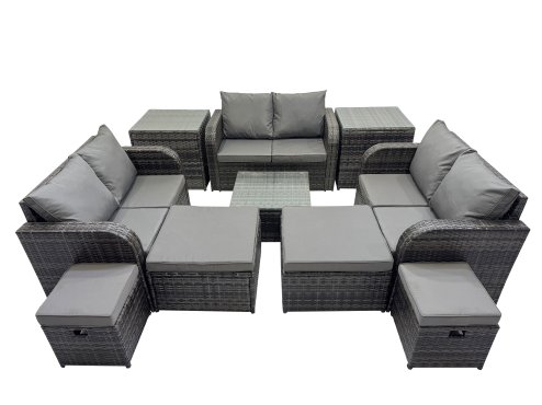 Fimous Rattan Garden Outdoor Furniture Set Love Sofa Square Coffee Table Set with 4 Stools 2 Side Tables Dark Grey Mixed