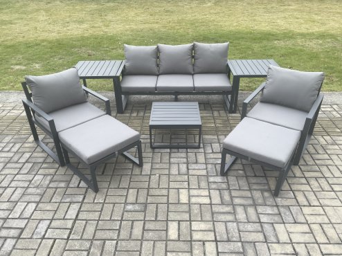 Fimous Aluminium Outdoor Lounge Sofa Set Garden Furniture Sets with Square Coffee Table 2 Chairs 2 Big Footstools 2 Side Tables Dark Grey 7 Seater