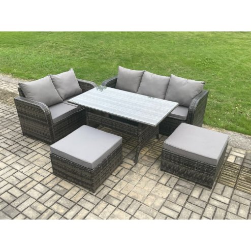Fimous Outdoor Garden Patio Furniture Wicker Rattan Oblong Rectangular Dining Table and Lounge Sofa set with 2 Big Footstool Dark Grey Mixed