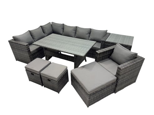 Fimous Outdoor PE Rattan Sofa Set with Dining Table Patio Garden Furniture Sets with Chair 3 Stool Side Table Dark Grey Mixed