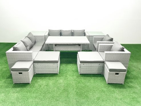 Fimous Rattan Garden Furniture Dining Set 12 Seater Lounge Sofa Chair Dining Table Set with 4 Footstools 2 Side Tables Light Grey Mixed