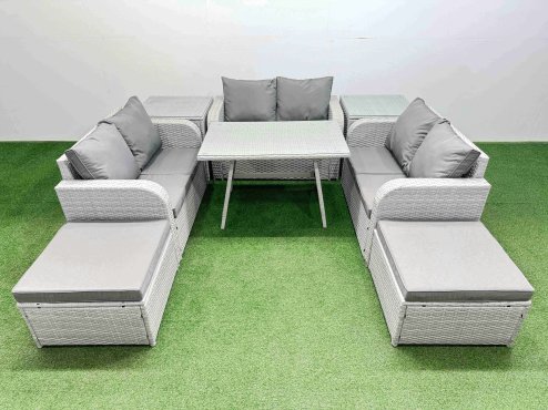 Fimous Rattan Garden Furniture Dining Set 8-seater Patio Rectangular Table Love Sofa Set with 2 Side Tables 2 Big Stools