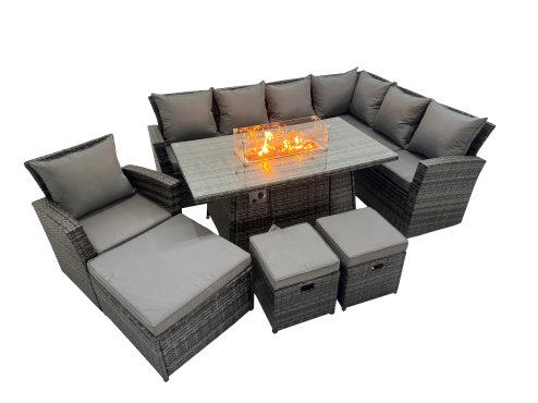 Fimous Outdoor Furniture Garden Dining Set Rattan Corner Sofa Chair Set Gas Fire Pit Table with Temper Glass 3 Footstools Dark Grey Mixed
