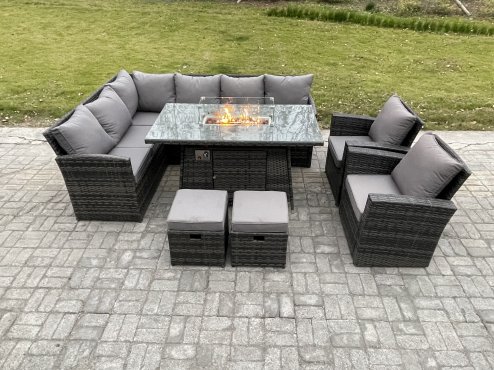 Fimous 10 Seater Rattan Garden Furniture High Back Corner Sofa Gas Fire Pit Dining Table Sets Gas Heater with Armchair 2 Small Footstools Dark Grey Mixed