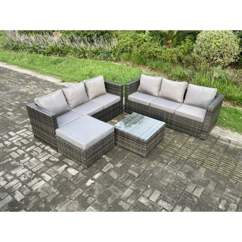Fimous Wicker Rattan Garden Furniture Sofa Set with Square Coffee Table Big Footstool 7 Seater Outdoor Rattan Set Dark Grey Mixed