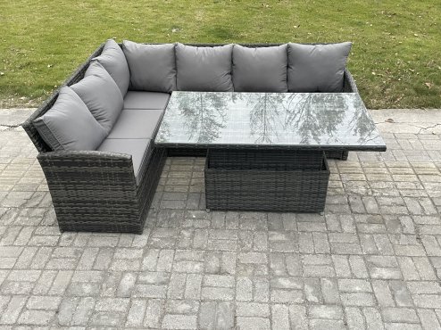 Fimous Wicker PE Outdoor Rattan Garden Furniture Set Height Adjustable Rising Lifting Table Sofa Dining Set with Dark Grey Mixed