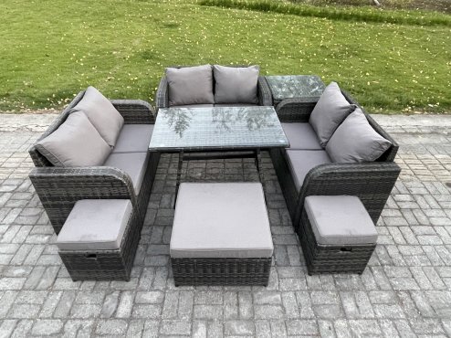 Fimous Outdoor Rattan Garden Furniture Set 9 Seater Patio Love Sofa Set with Rectangular Dining Table 3 Footstools Side Table Dark Grey Mixed
