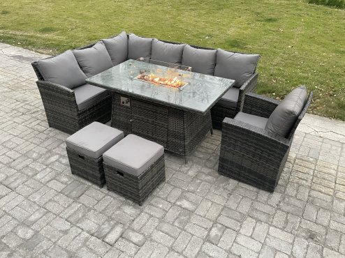 Fimous Rattan Garden Furniture High Back Corner Sofa Gas Fire Pit Dining Table Sets Gas Heater with Armchair 2 Small Footstools 9 Seater Dark Grey Mixed
