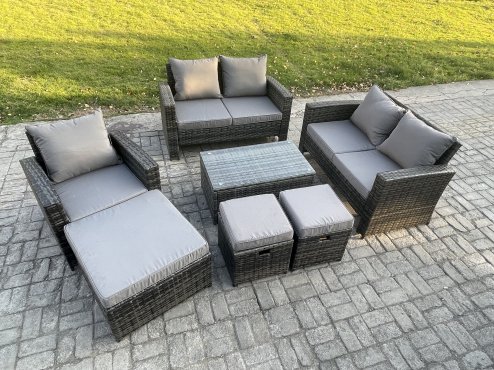 Fimous Rattan Garden Furniture Set 8 Seater Patio Outdoor Lounge Sofa Chair Set with Rectangular Coffee Table 3 Footstools Dark Grey Mixed