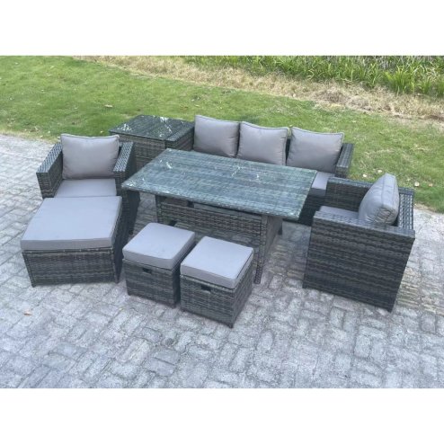 Fimous 8 Seater Outdoor Garden Furniture Set Patio Rattan Rectangular Dining Table Lounge Sofa Chair with Side Table Big Footstool 2 Small Stools Dark Grey Mixed