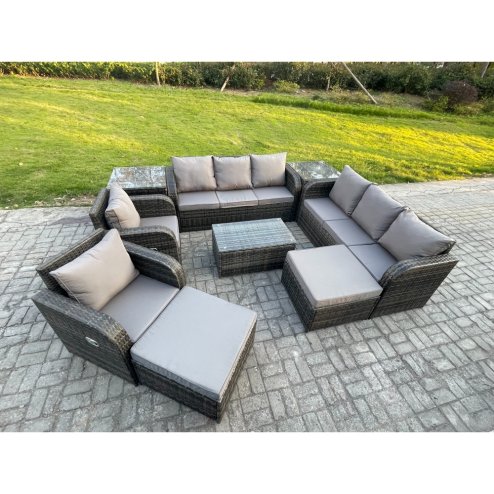 Fimous 10 Seater Rattan Outdoor Garden Furniture Sofa Set Patio Table & Chairs Set with 3 Seater Sofa Reclining Chair 2 Big Footstool 3 Seater Sofa 2 Side Tables Dark Grey Mixed