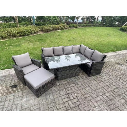 Fimous 8 Seater?Outdoor High Back Rattan Adjustable Rising Lifting Dining Table Corner Sofa Set Garden Furniture Set Dark Grey Mixed Right Hand