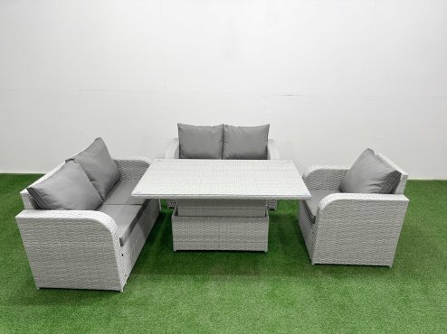 Fimous High Back Poly Rattan Garden Furniture Set with Reclining Chair Loveseat Sofa Adjustable Lifting Dining or Coffee Table Indoor Outdoor Patio Set Light Grey