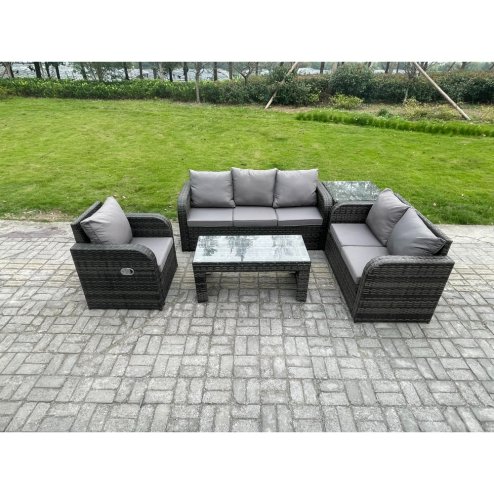 Fimous 6 Seater High Back Rattan Garden Furniture Set with Loveseat Sofa Rectangular Coffee Table Side Table Indoor Outdoor Patio Lounge Sofa Set Dark Grey Mixed