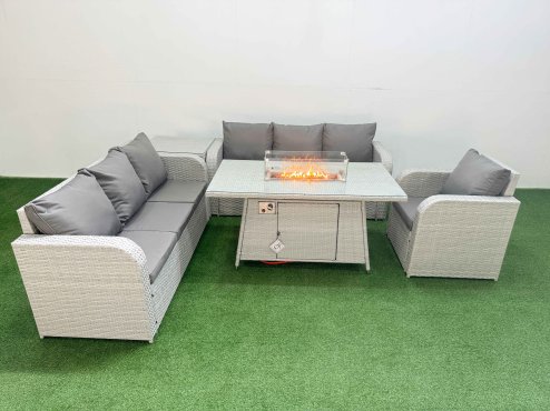 Fimous 7 Seater Poly Rattan Outdoor Garden Furniture Firepit Dining Table Sofa Set Patio 3 Seater Sofa Reclining Chair 3 Seater Sofa Side Table Light Grey