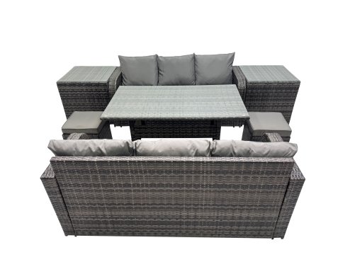 Fimous 8 Seat Outdoor Wicker PE Rattan Garden Furniture Set Dining Table Sofa Set with 2 Small Stool 2 Side Tables Dark Grey Mixed
