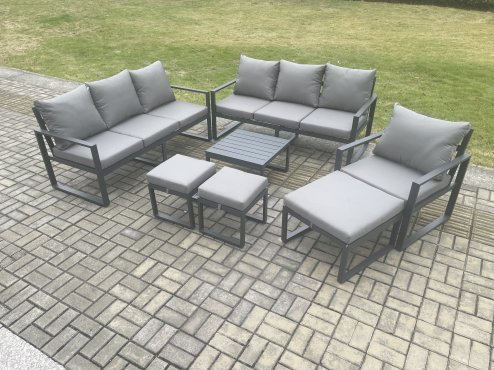 Fimous Aluminium Outdoor Lounge Sofa Set Garden Furniture Sets with Square Coffee Table Chair 3 Footstools Dark Grey