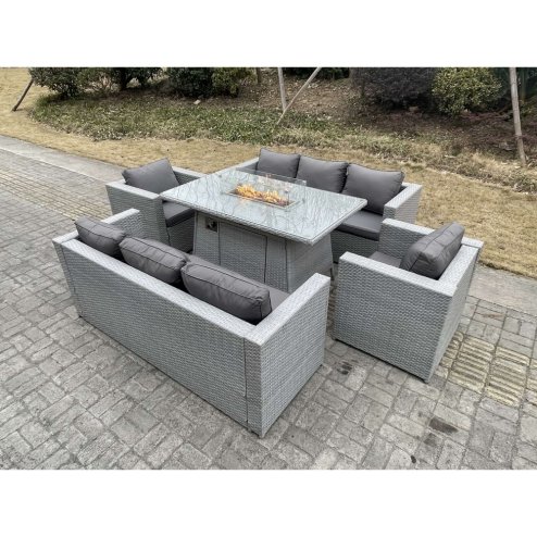 Fimous Light Grey Rattan Garden Furniture Set Gas Fire Pit Dining Set Heater Burner Lounge Sofa Chairs Outdoor