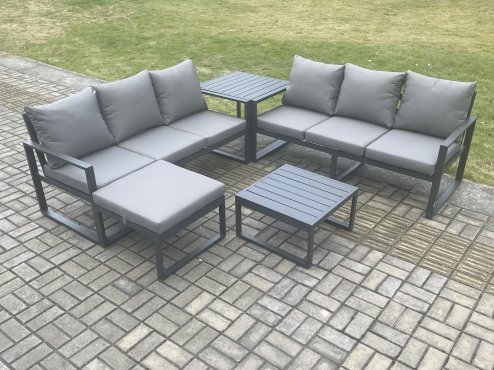 Fimous Aluminium 5 Pieces Garden Furniture Sofa Set with Cushions 7 Seater Outdoor Patio Set with Square Coffee Table Big Footstool Side Table Dark Grey