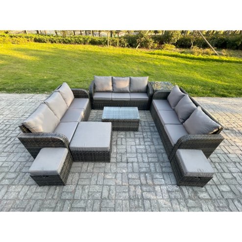 Fimous Rattan Lounge Sofa Set 12 Seater Outdoor Garden Furniture Set with Rectangular Coffee Table 3 Seater Sofa Side Table 3 Footstools Dark Grey Mixed