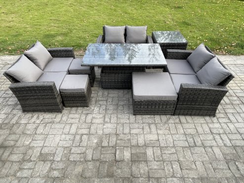 Fimous Wicker PE Rattan Garden Furniture Set Height Adjustable Rising Lifting Table Sofa Dining Set with Double Seat Sofa 3 Footstools Side Table Dark Grey Mixed