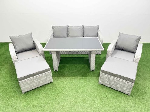 Fimous Outdoor Rattan Garden Furniture Dining Set 7-seater Patio Rectangular Table 3 Seater Sofa Reclining Chair Set with 2 Big Stools