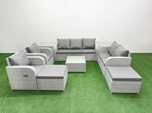 Fimous PE Rattan Garden Furniture Set Adjustable Chair Sofa Double Love Seat 2 Seater Sofa Lounge Set Square Coffee Table 2 Big Footstool 2 Side Table Light Grey