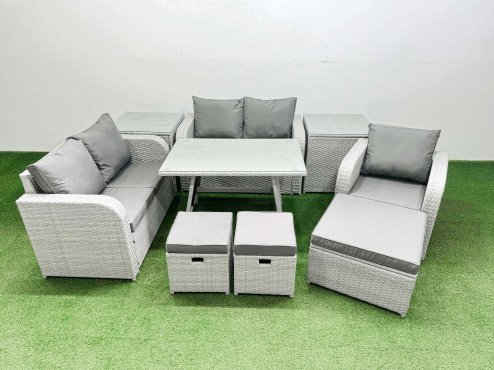 Fimous 8 Seater Outdoor Rattan Garden Furniture Set Love Sofa Reclining Chair Set with Rectangular Dining Table 2 Side Tables 3 Footstools Light Grey