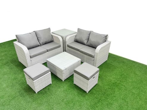 Fimous 6 Seater Outdoor Love Sofa Set Rattan Garden Furniture Set with Square Coffee Table 2 Small Stools Side Table Light Grey
