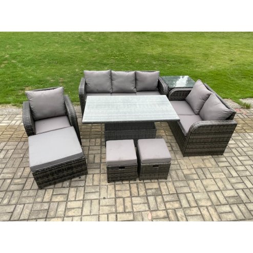 Fimous Rattan Outdoor Furniture Garden Dining Set Patio Height Adjustable Rising lifting Table Reclining Chair Sofa With Side Table 3 Footstools Dark Grey Mixed