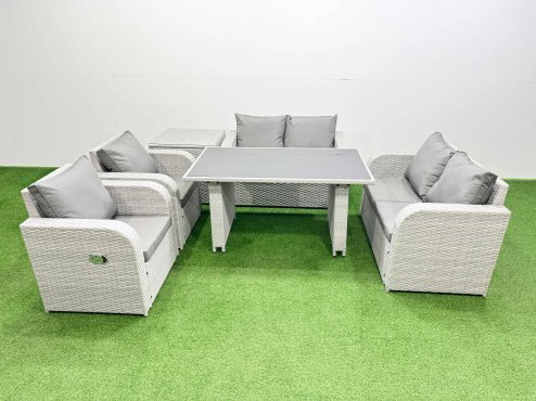 Fimous Outdoor PE Rattan Sofa Reclining Chair Set Patio Garden Furniture Sets with Cushions Side Table Light Grey 6 Pieces