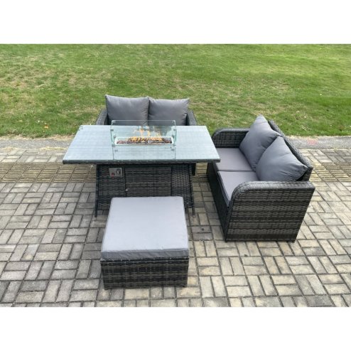 Fimous Rattan Garden Furniture Set with Gas Fire Pit Table Footstool 4 Pieces Outdoor Loveseat Sofa Set Dark Grey Mixed