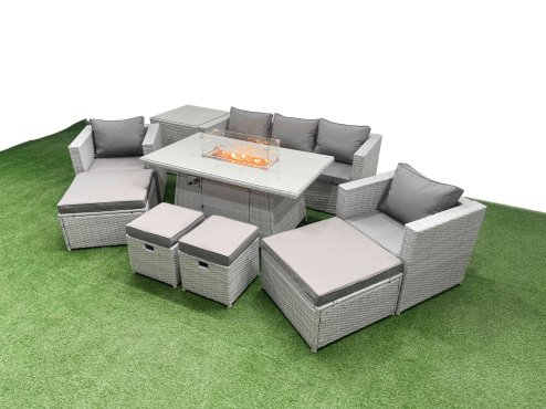 Fimous 9 Seat PE Rattan Lounge Sofa Set Outdoor Garden Furniture Set with Firepit Dining Table 3 Seater Sofa 4 Footstools Side Table Light Grey