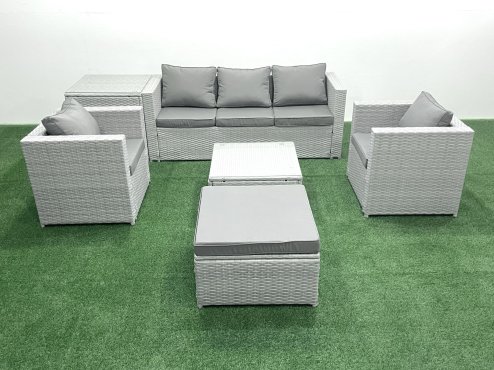 Fimous 6 Seater Rattan Garden Furniture Set with 3 Seater Sofa 2 Chair Square Coffee Table Big Footstool Side Table Light Grey Mixed