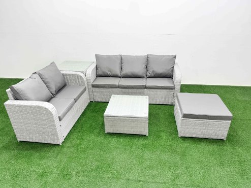 Fimous 6 Seater PE Rattan Wicker Garden Furniture Patio Conservatory Sofa Set with Square Coffee Table 3 Seater Sofa Love Sofa Big Footstool Side Table