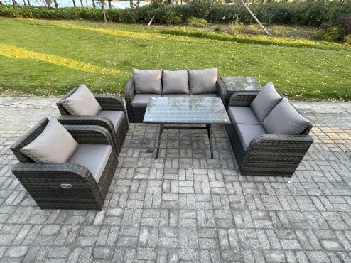 Fimous 7 Seater High Back PE Rattan Sofa Set Outdoor Garden Furniture Dining Table Set With Reclining Chair 3 Seater Sofa Love Sofa Side Table