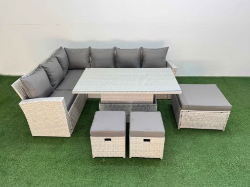 Fimous 9 Seat Rattan Outdoor Garden Furniture Corner Sofa Set Adjustable Lifting Dining or Coffee Table Set with Armchair 3 Footstools Light Grey