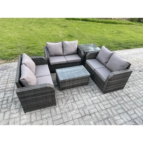Fimous Outdoor Garden Furniture Sets 6 Seater Wicker Rattan Furniture Sofa Sets with Rectangular Coffee Table Love Sofa Side Table Dark Grey Mixed