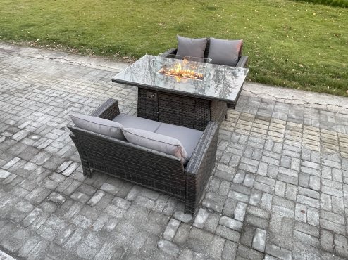 Fimous 3 Pieces Garden Furniture Sets Poly Rattan Outdoor Patio Gas Firepit Dining Table Sofa Set for Garden Backyard Dark Grey Mixed