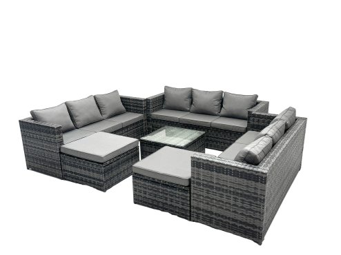 Fimous Outdoor Rattan Garden Furniture Set 11 Seater Patio Lounge Sofa Set with Square Coffee Table 2 Big Footstools Dark Grey Mixed