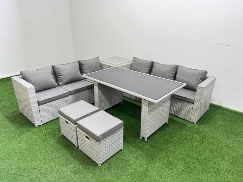 Fimous Rattan Garden Furniture Dining Set 8-seater Patio Rectangular Table Sofa Set with Side Table 2 Small Stools Light Grey