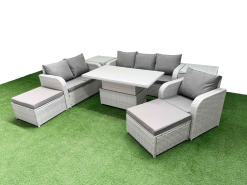 Fimous Patio PE Wicker 8 Seater Outdoor Rattan Furniture Sofa Sets with Adjustable Lifting Dining or Coffee Table Reclining Chair Loveseat Sofa 3 Seater Sofa 2 Big Footstools 2 Side Table Light Grey