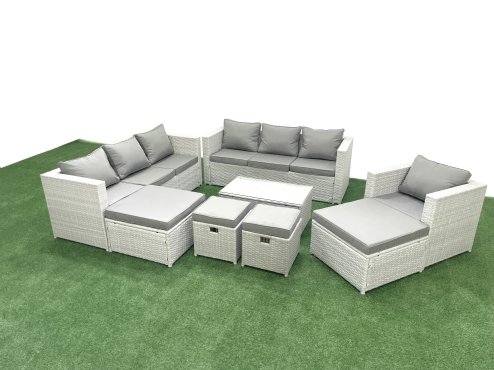 Fimous Rattan Garden Furniture Set 8 Pieces Outdoor Garden Sofa Chair Coffee Table Set with 4 Footstools Light Grey Mixed
