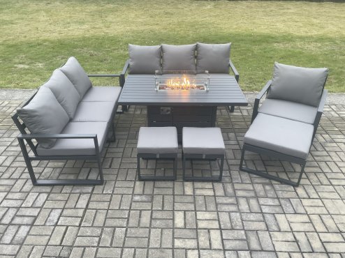 Fimous Aluminium 7 Pieces Garden Furniture Sofa Set with Cushions 10 Seater Gas Fire Pit Dining Table Set with 3 Footstools Dark Grey
